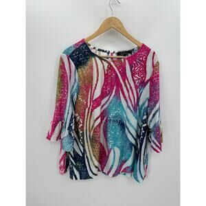 Caleaas Top Women‎ Medium Textured Ruffle Boho Artsy Colorful Unique Blouse